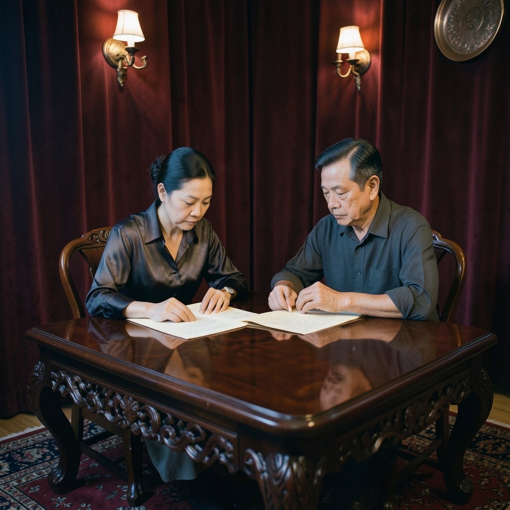 Two adults seated at a lacquered table in a velvet room, looking over large paper sheets