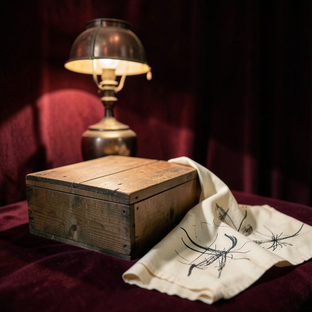 A closed wooden crate and loose cream charts beside a copper lamp in a burgundy room