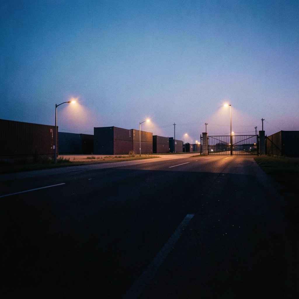 Evening light on a quiet freight yard seen from a distance, with no readable signs