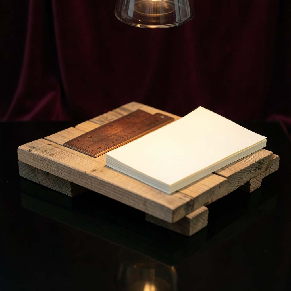 Plain wooden pallets and a copper ruler on a dark table with blank cream sheets