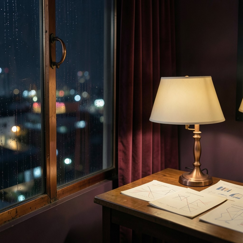 Rain on a dark window above a wooden desk with paper charts and a copper lamp