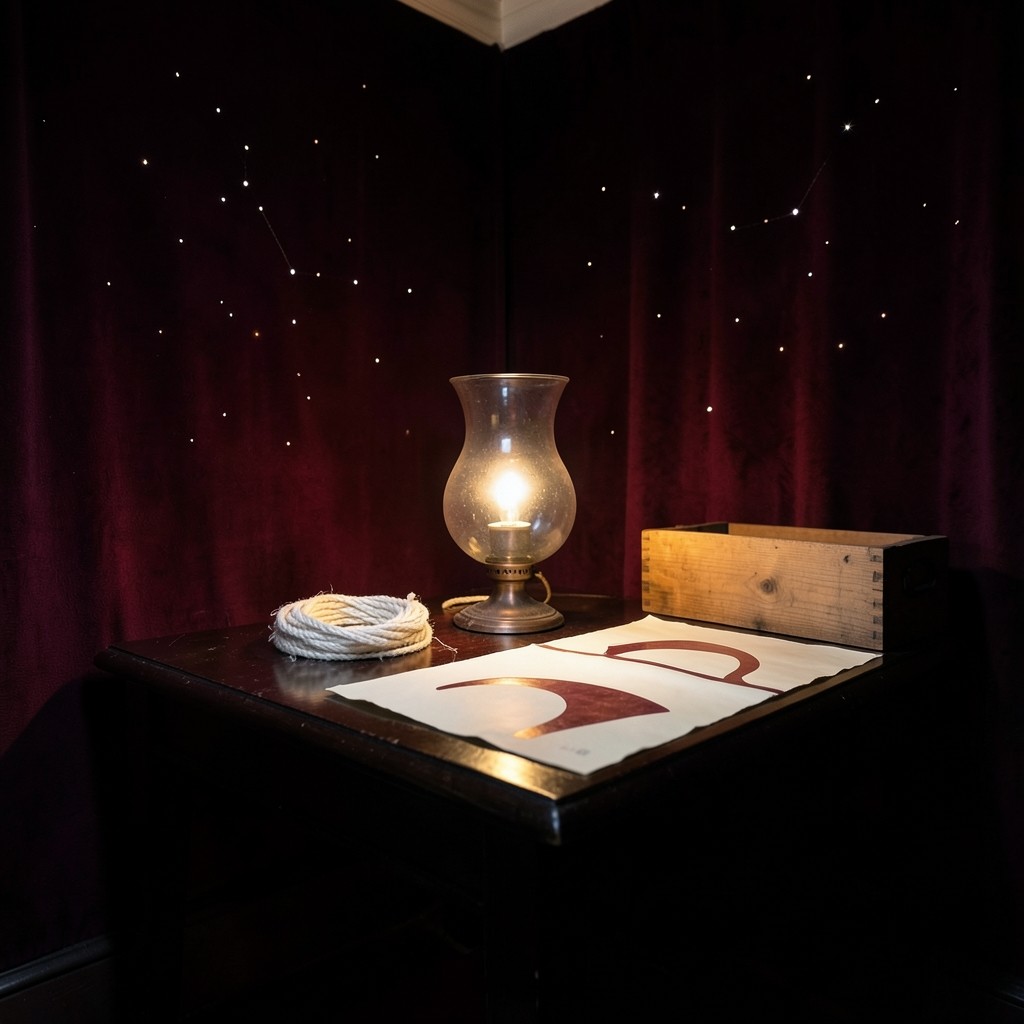 A dim velvet room with a lacquered table, cotton rope, and cream charts under a copper lamp