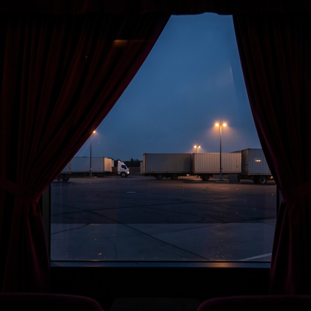 A wide evening view of a quiet freight yard beyond a velvet-dark foreground