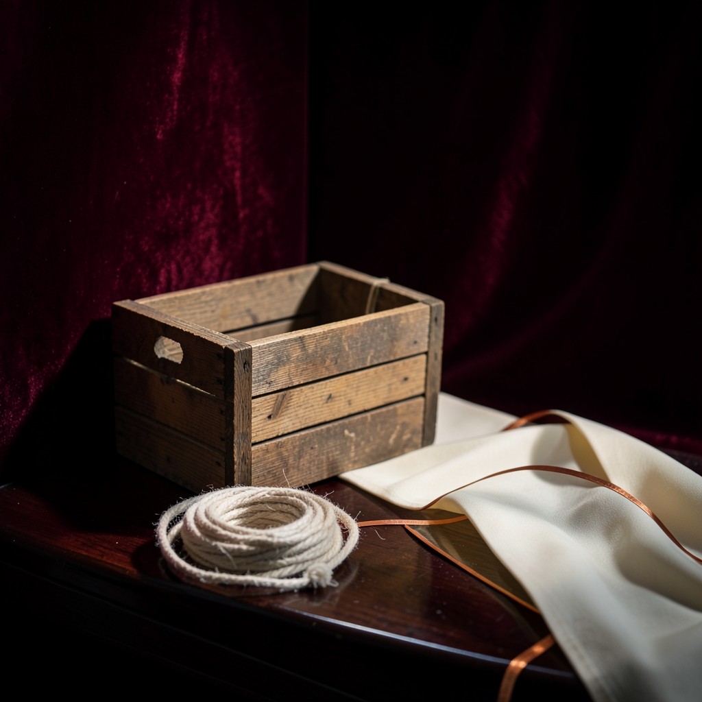 A wooden crate, cotton rope, and cream charts on a dark lacquered table