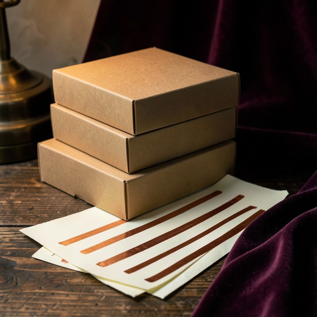 Stacked plain cartons and cream charts on a dark wood table in warm low light