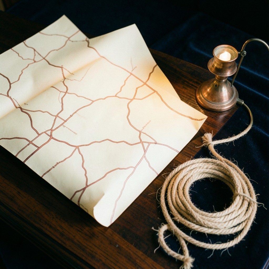 Cream paper charts and a coil of cotton rope on dark lacquered wood beside a copper lamp
