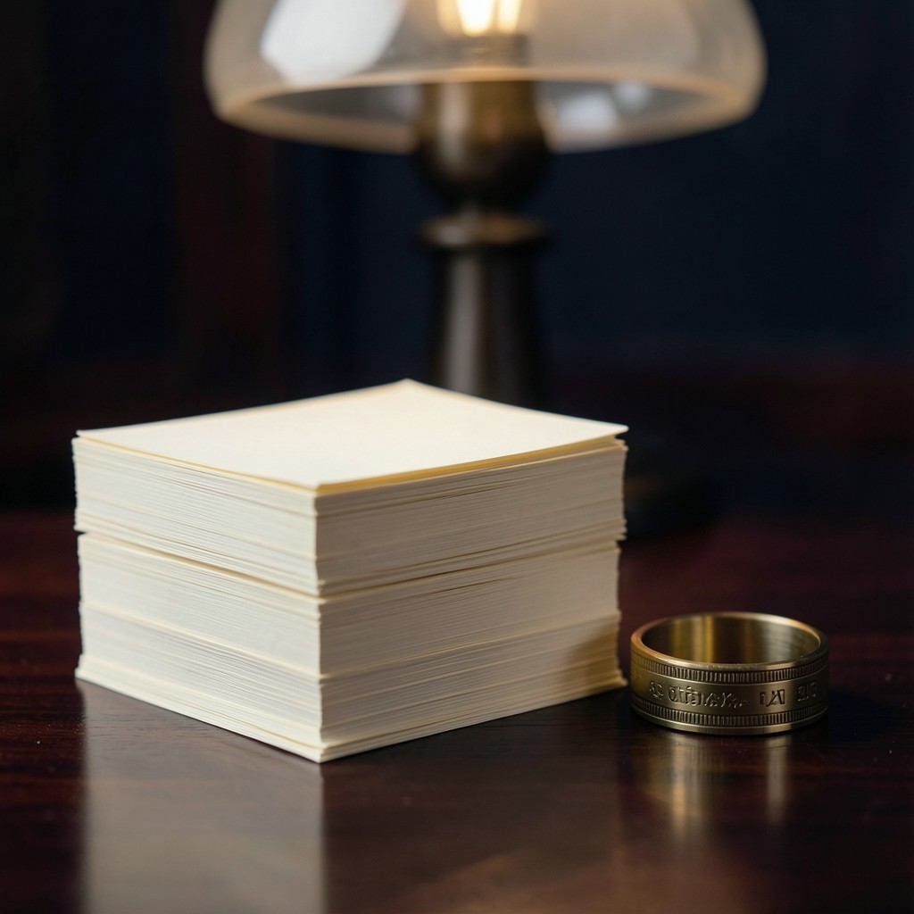 Two stacks of cream papers and a brass ring on lacquered wood under a smoked-glass lamp